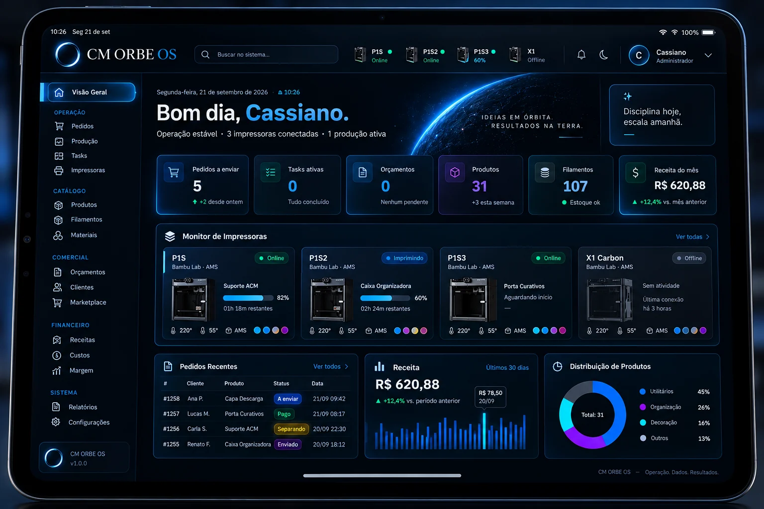 Tablet com a visão geral do CM ORBE OS: impressoras, pedidos, produtos e a movimentação do período.